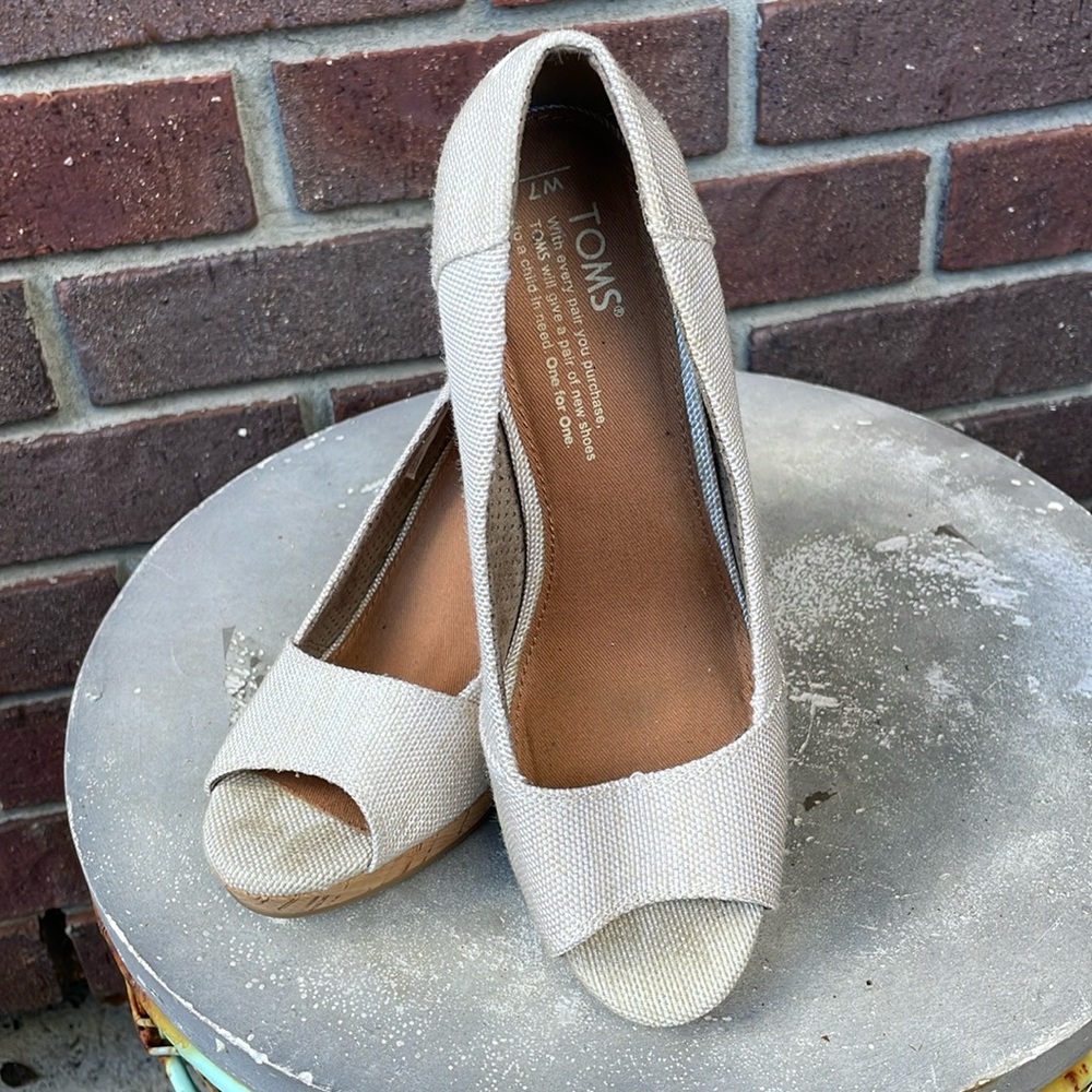 TOMS Beige Canvas Peep-Toe Wedge Flats